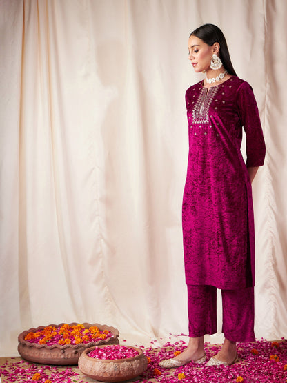 Fuchsia Velvet Front Embroidered Straight Kurta-Shae by SASSAFRAS