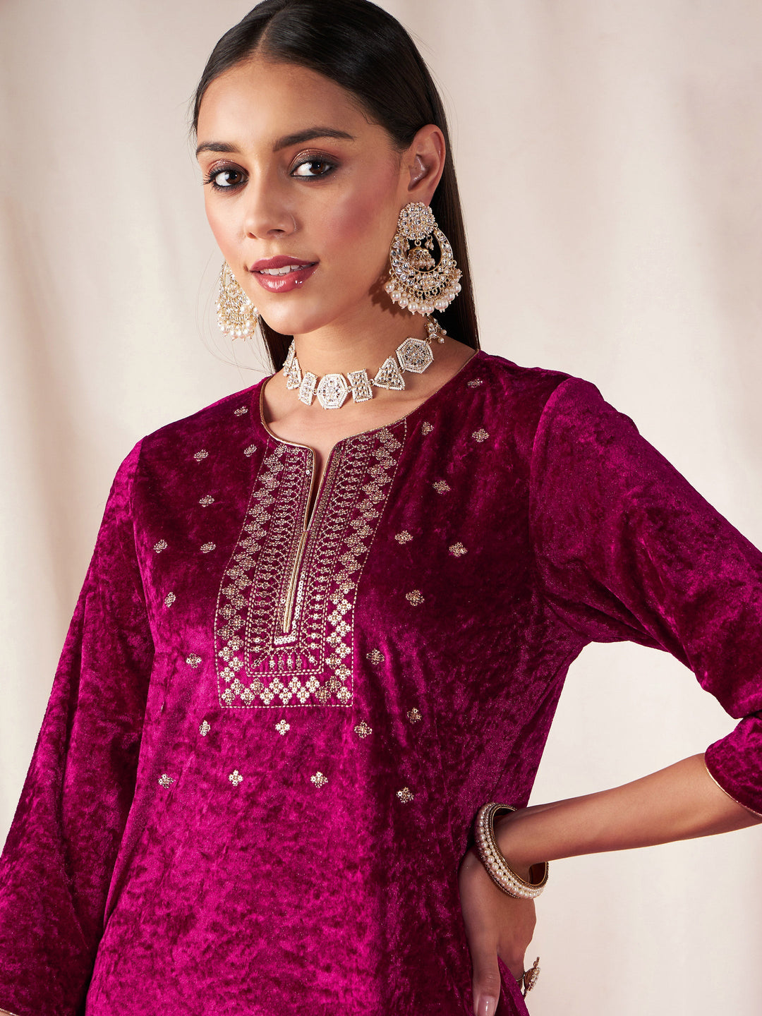 Fuchsia Velvet Front Embroidered Straight Kurta-Shae by SASSAFRAS