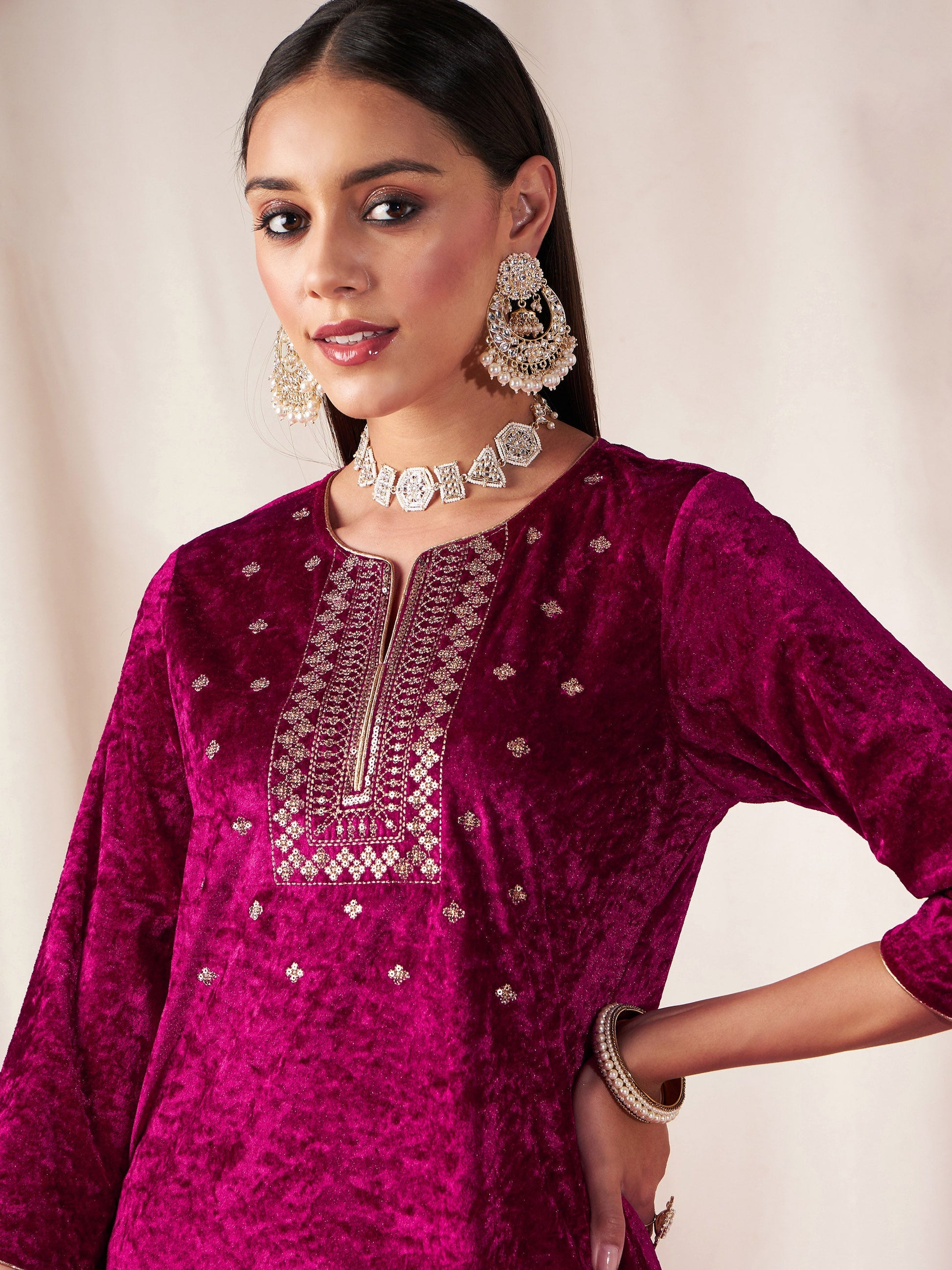 Fuchsia Velvet Front Embroidered Straight Kurta-Shae by SASSAFRAS