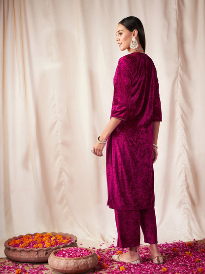 Fuchsia Velvet Front Embroidered Straight Kurta-Shae by SASSAFRAS