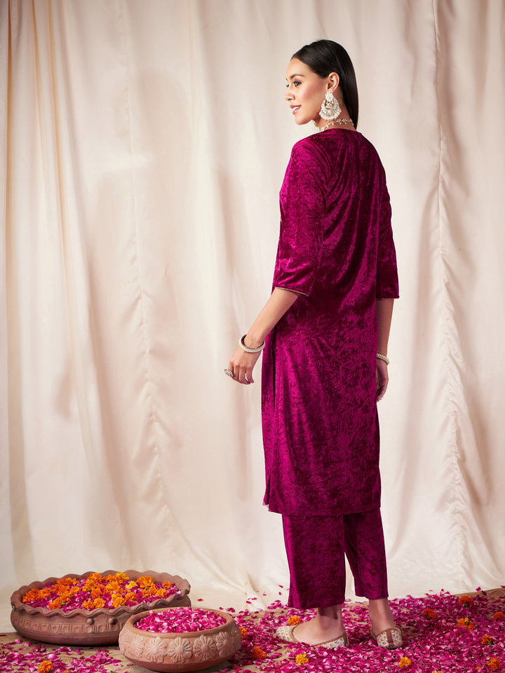 Fuchsia Velvet Front Embroidered Straight Kurta-Shae by SASSAFRAS