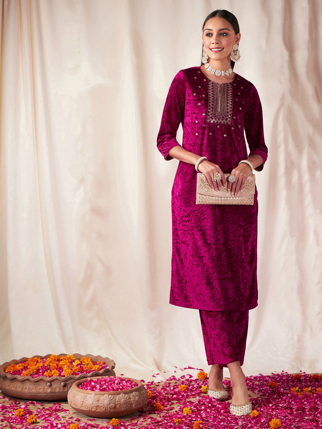 Fuchsia Velvet Front Embroidered Straight Kurta-Shae by SASSAFRAS