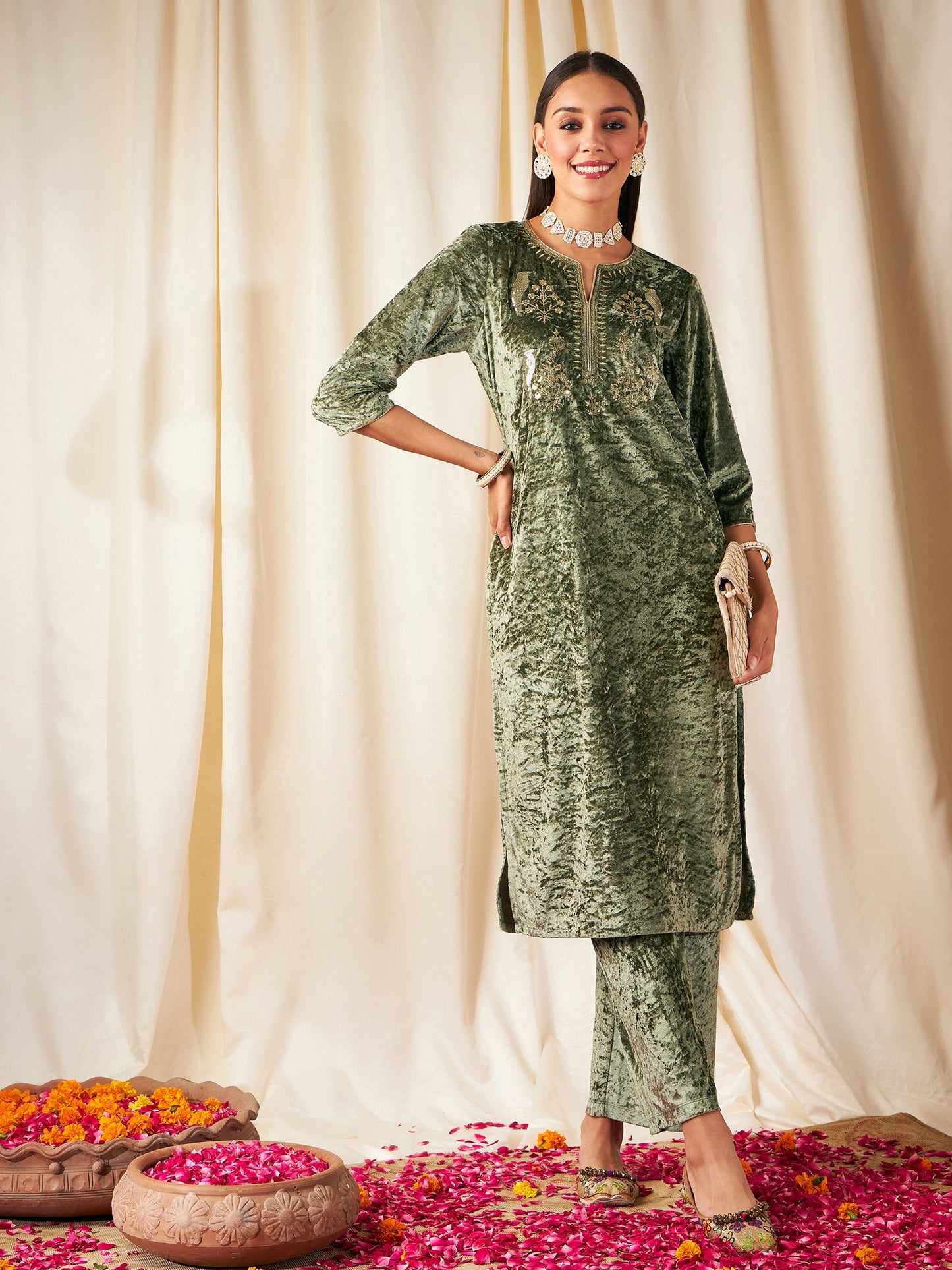 Green Velvet Front Embroidered Straight Kurta