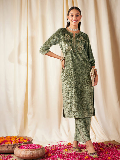 Green Velvet Front Embroidered Straight Kurta