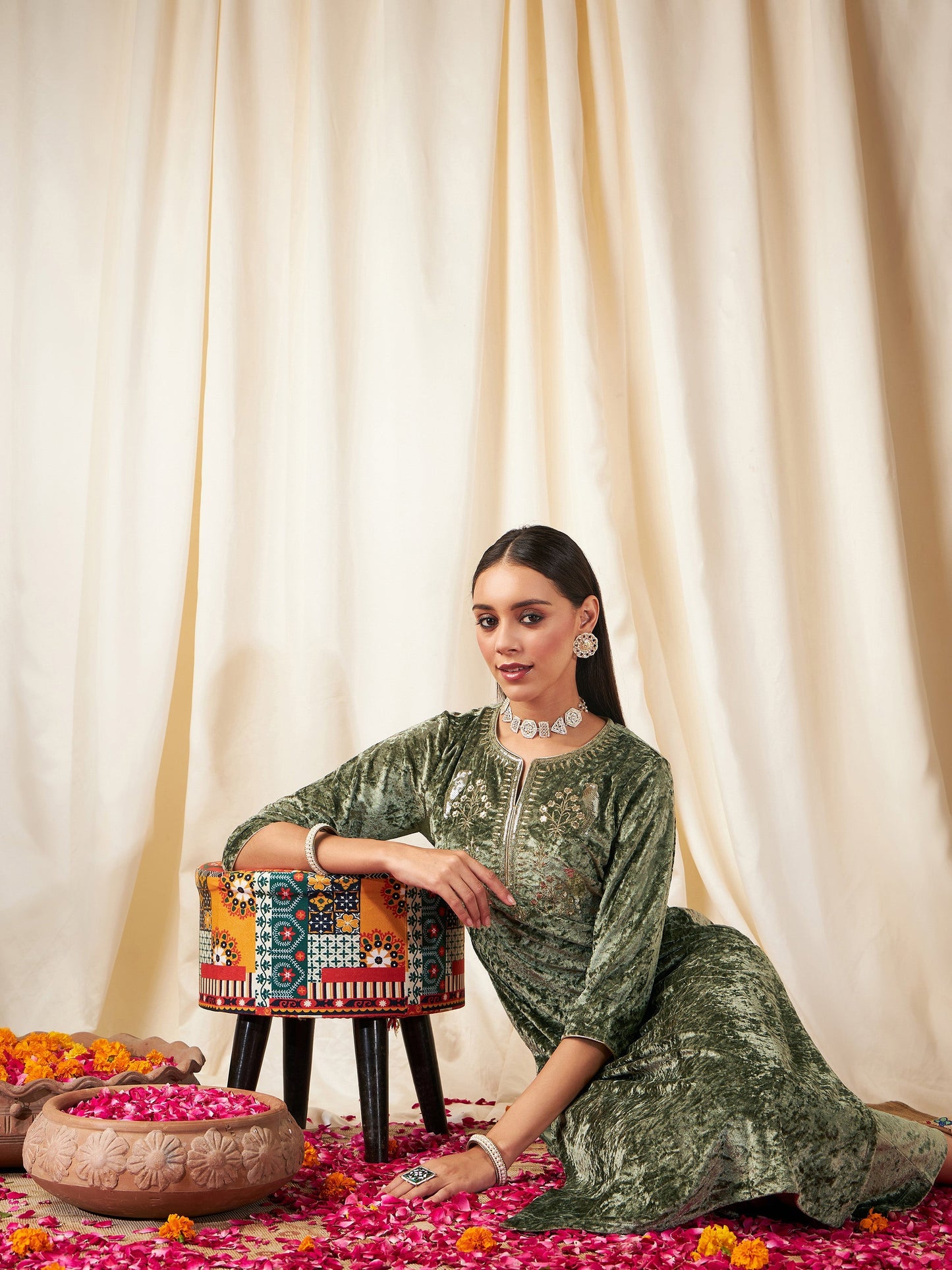 Green Velvet Front Embroidered Straight Kurta