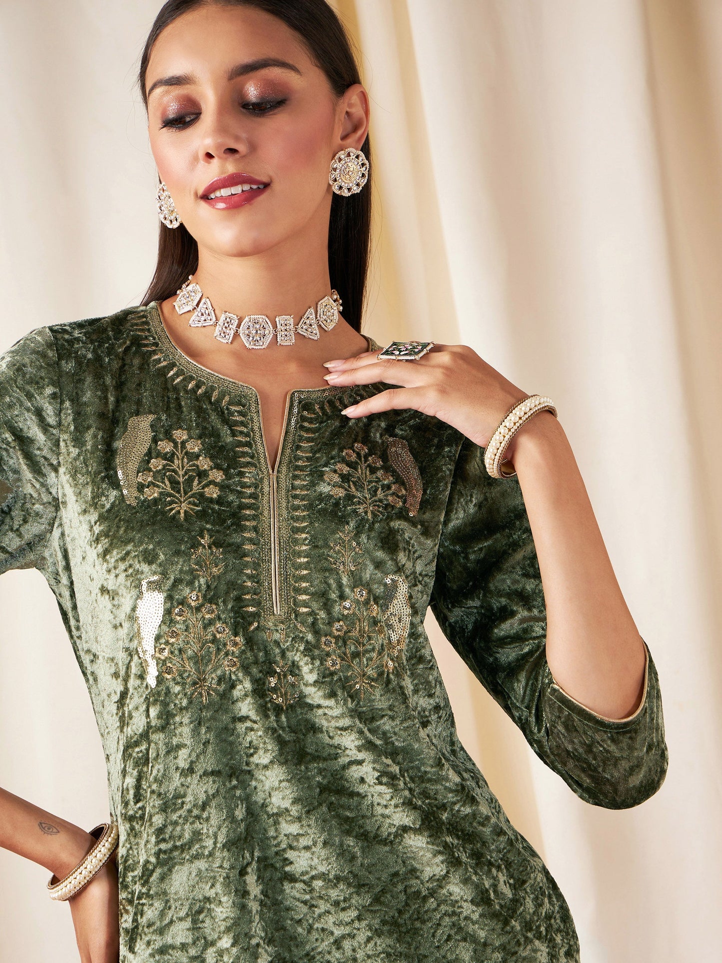 Green Velvet Front Embroidered Straight Kurta