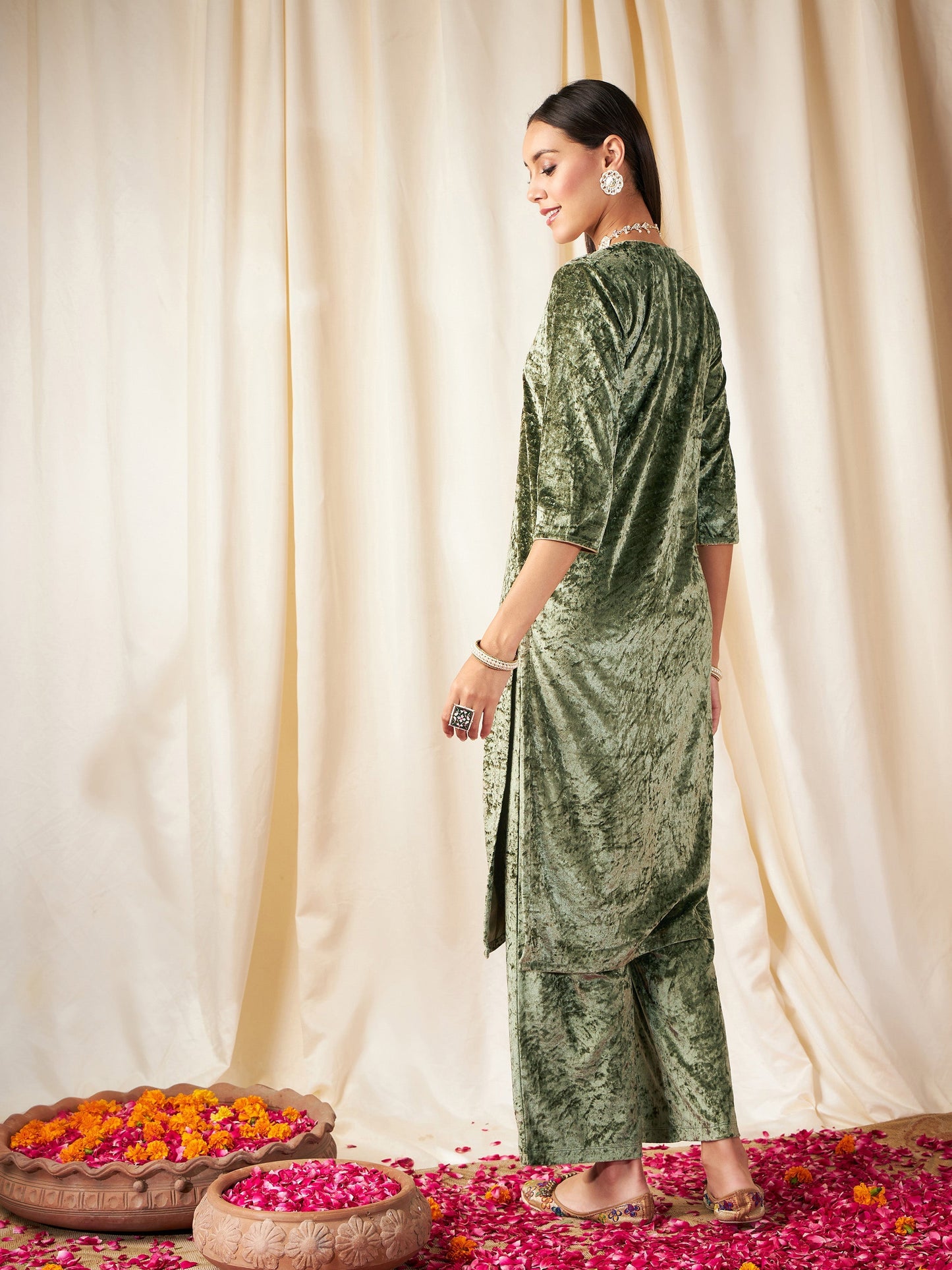 Green Velvet Front Embroidered Straight Kurta