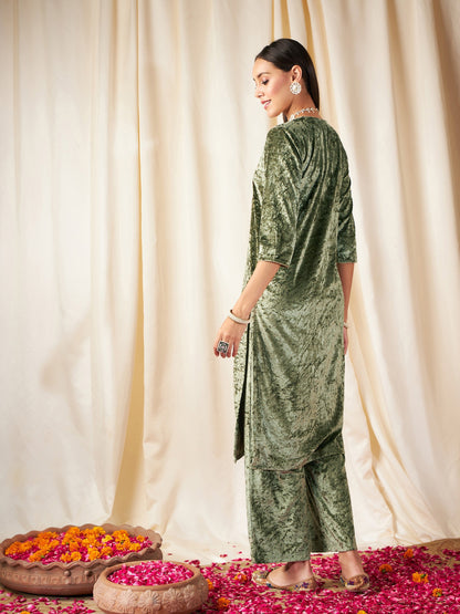 Green Velvet Front Embroidered Straight Kurta