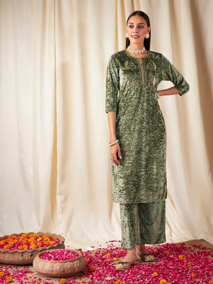 Green Velvet Front Embroidered Straight Kurta