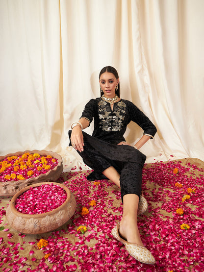 Black Velvet Front Embroidered Straight Kurta-Shae by SASSAFRAS