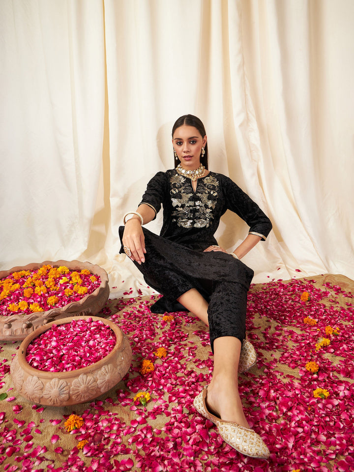 Black Velvet Front Embroidered Straight Kurta-Shae by SASSAFRAS