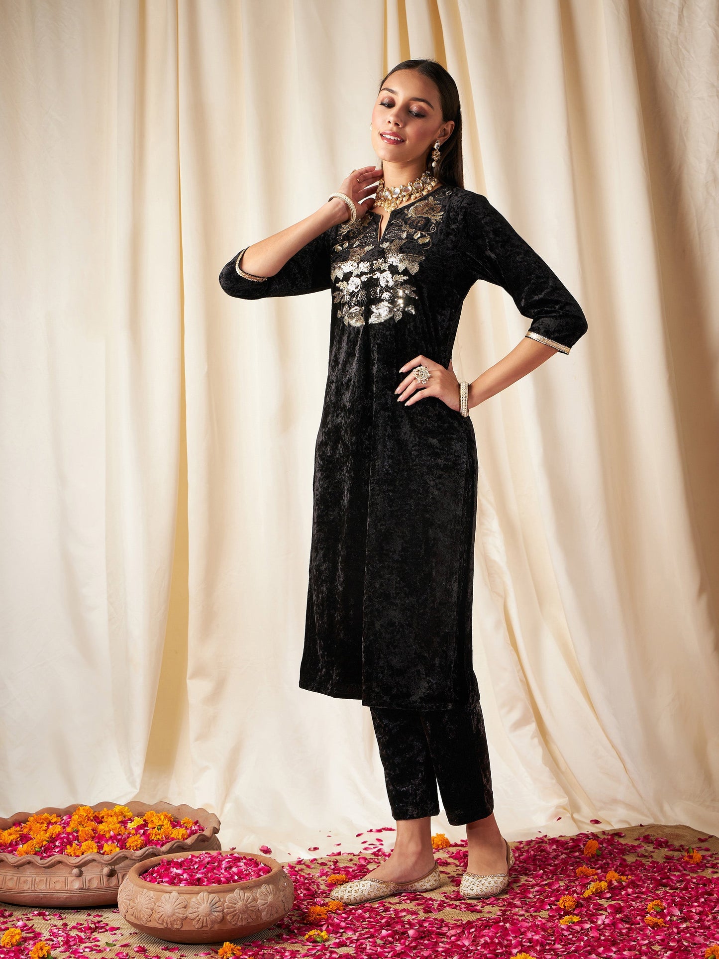 Black Velvet Front Embroidered Straight Kurta-Shae by SASSAFRAS