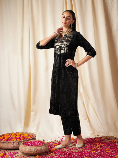 Black Velvet Front Embroidered Straight Kurta-Shae by SASSAFRAS
