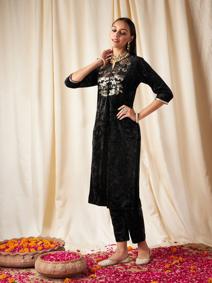 Black Velvet Front Embroidered Straight Kurta-Shae by SASSAFRAS