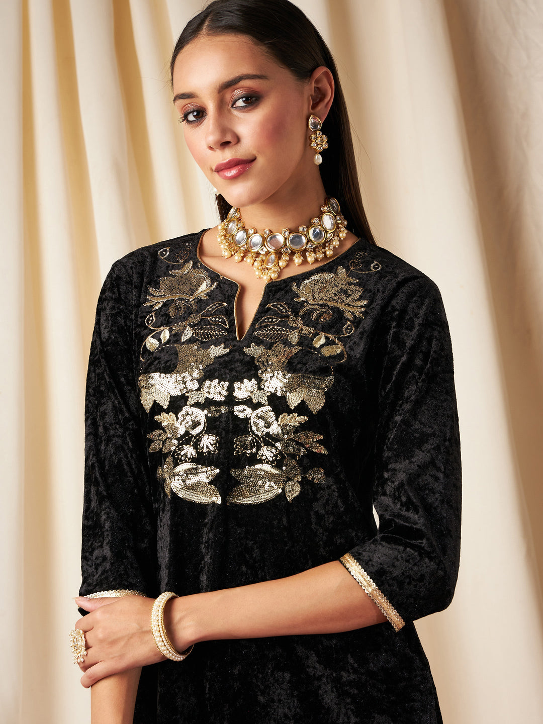 Black Velvet Front Embroidered Straight Kurta-Shae by SASSAFRAS