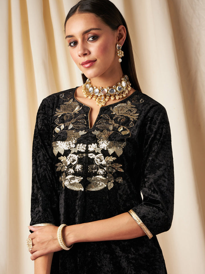 Black Velvet Front Embroidered Straight Kurta-Shae by SASSAFRAS
