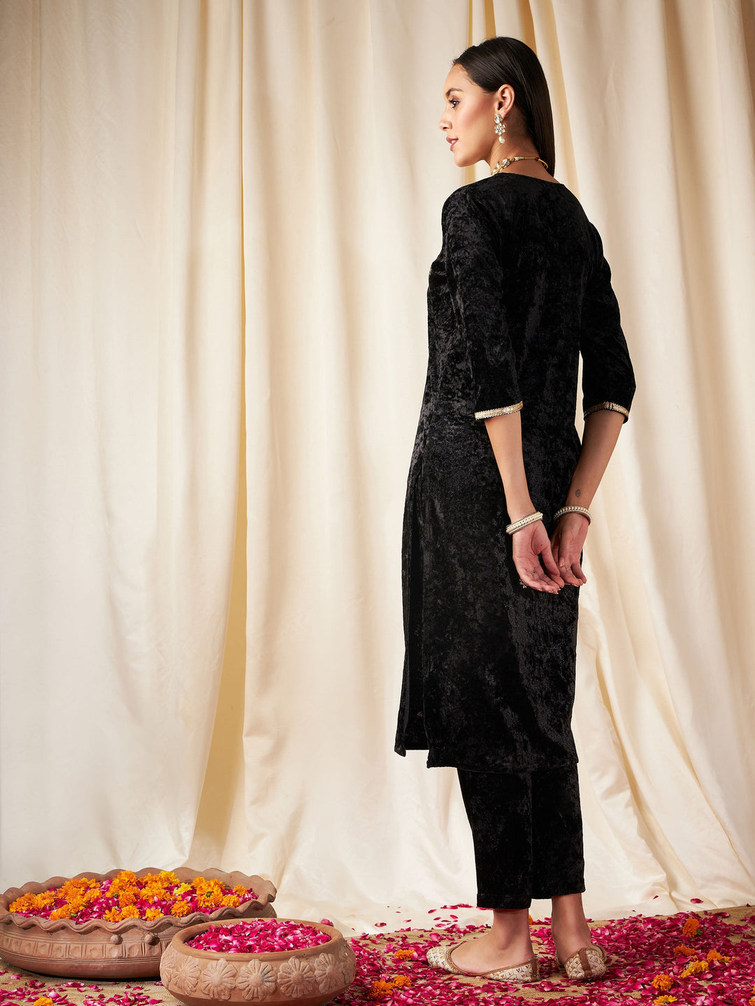 Black Velvet Front Embroidered Straight Kurta-Shae by SASSAFRAS