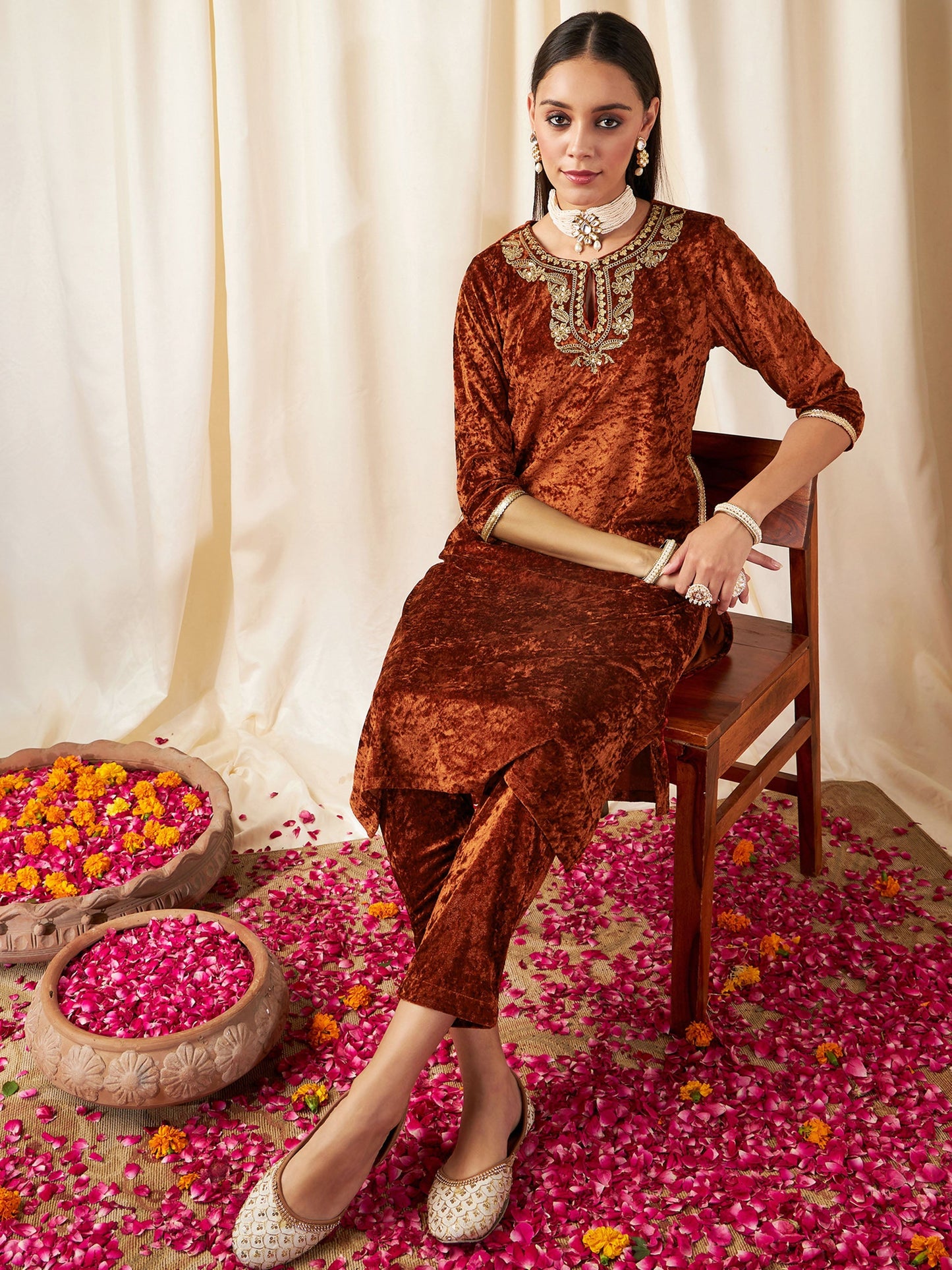 Rust Embroidered Neck Straight Kurta