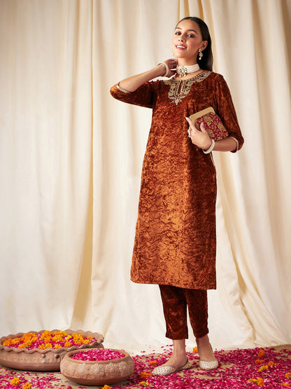 Rust Embroidered Neck Straight Kurta