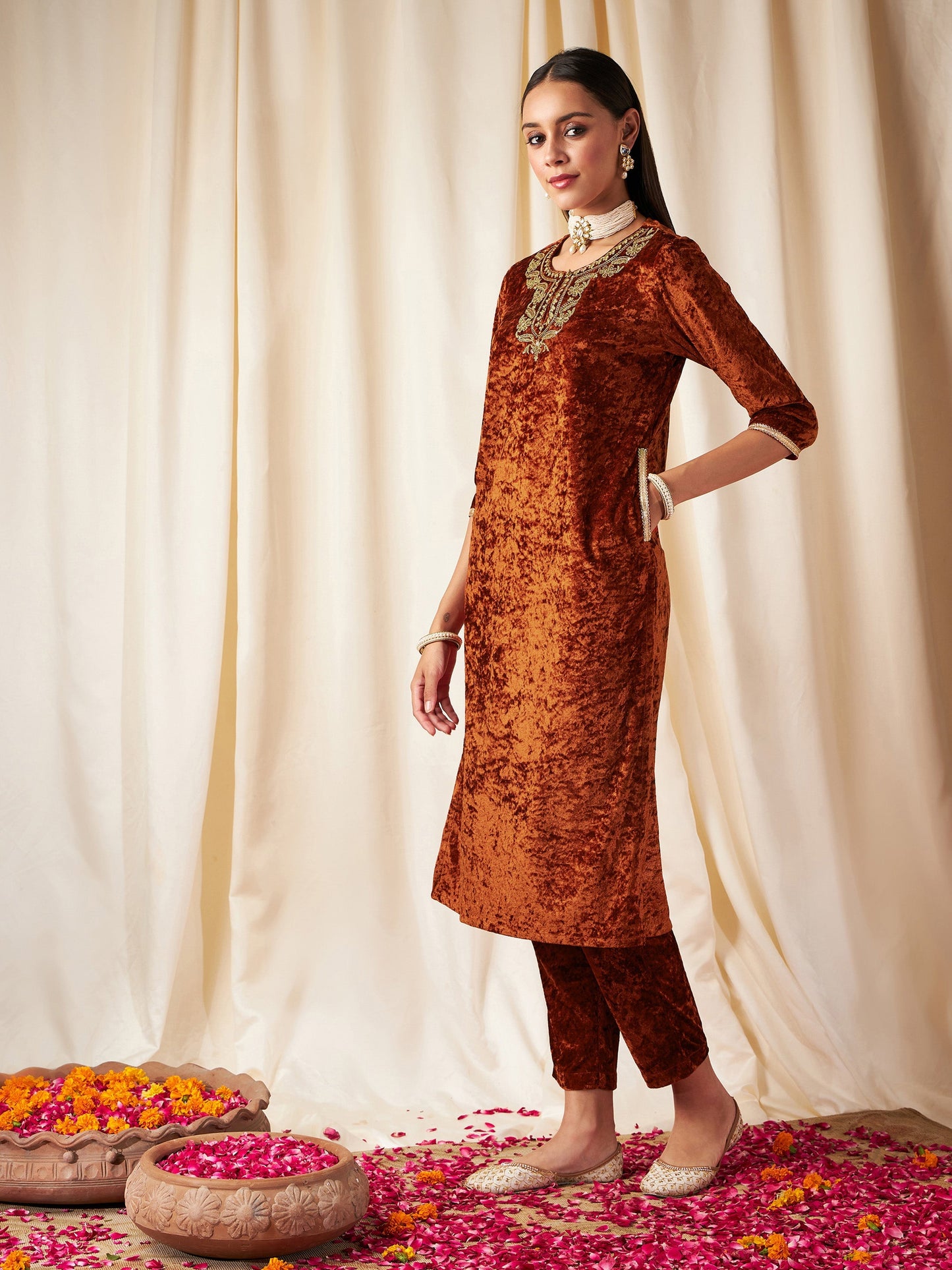 Rust Embroidered Neck Straight Kurta