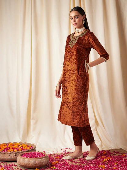 Rust Embroidered Neck Straight Kurta