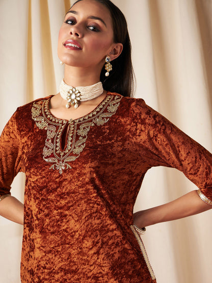 Rust Embroidered Neck Straight Kurta