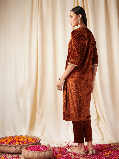 Rust Embroidered Neck Straight Kurta