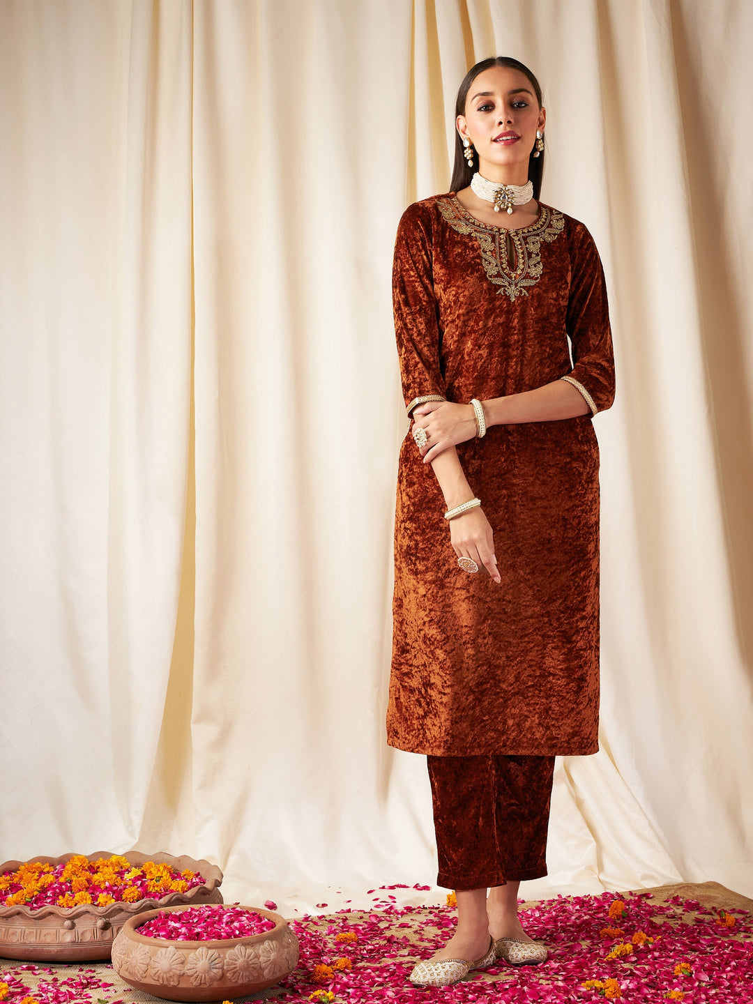 Rust Embroidered Neck Straight Kurta