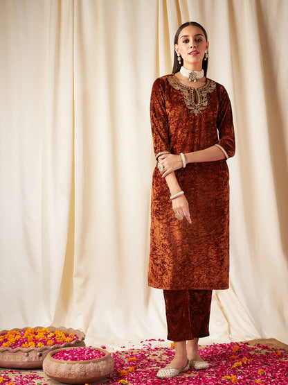 Rust Embroidered Neck Straight Kurta