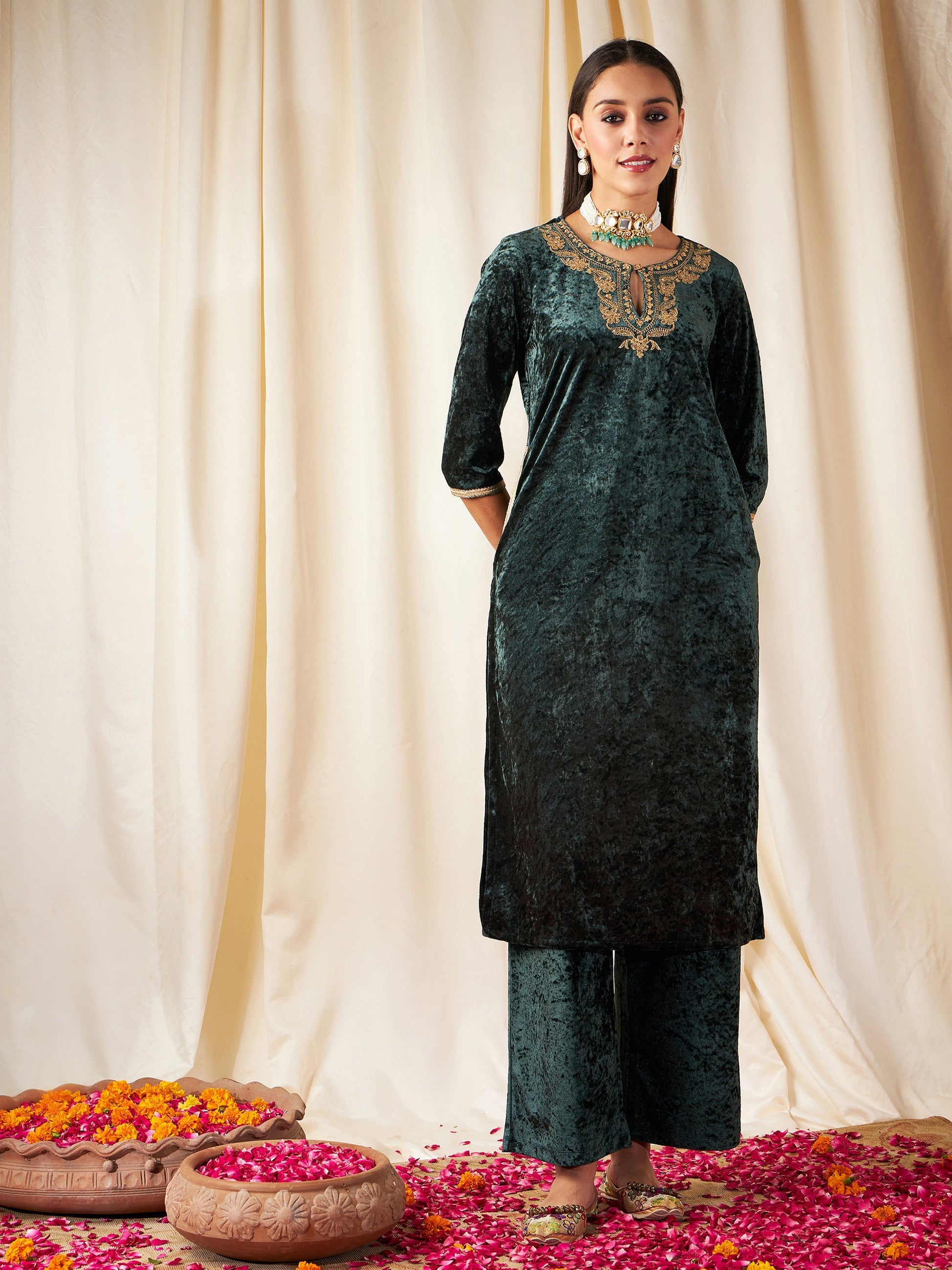 Emerald Green Embroidered Neck Straight Kurta-Shae by SASSAFRAS