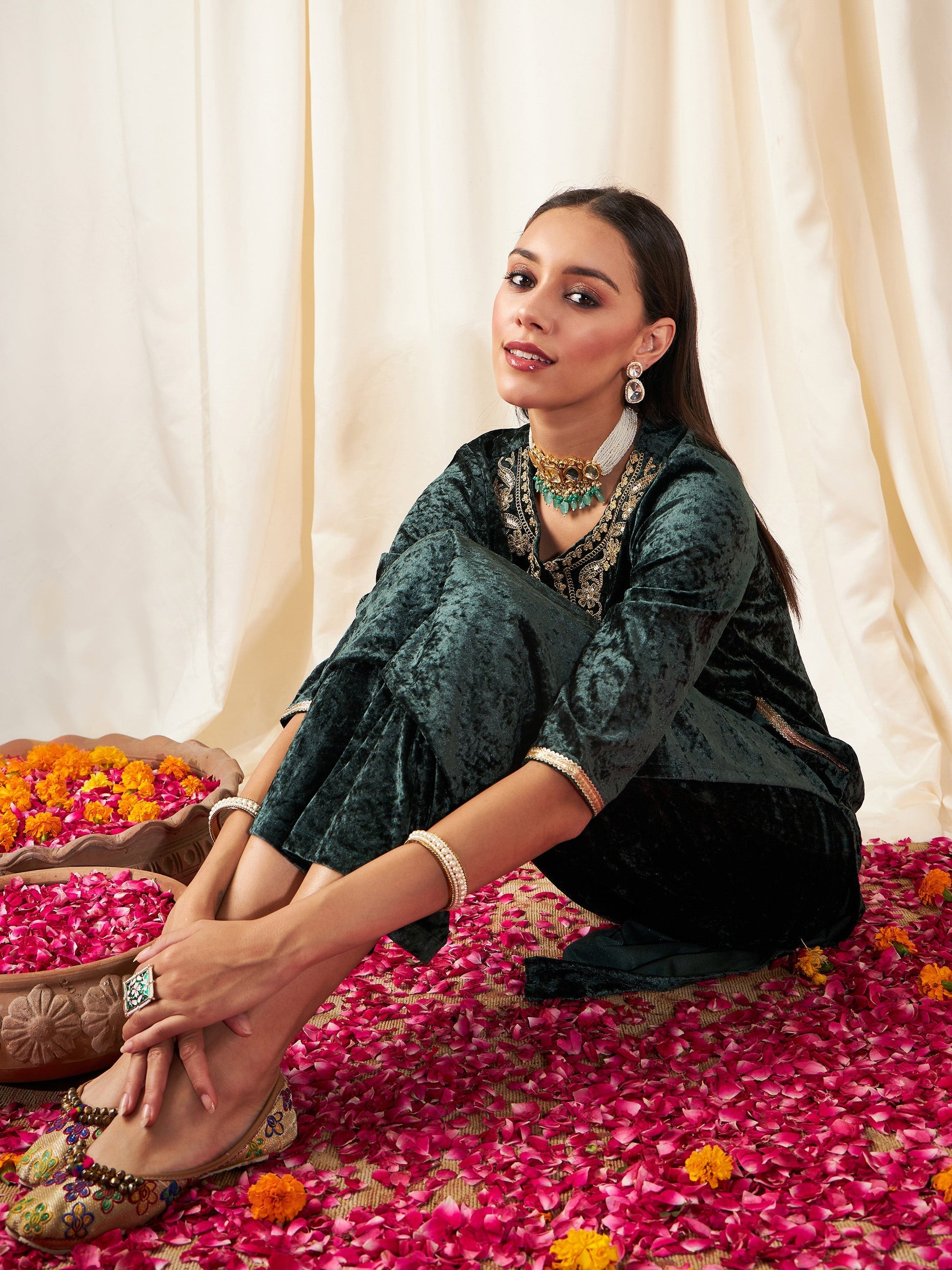 Emerald Green Embroidered Neck Straight Kurta-Shae by SASSAFRAS