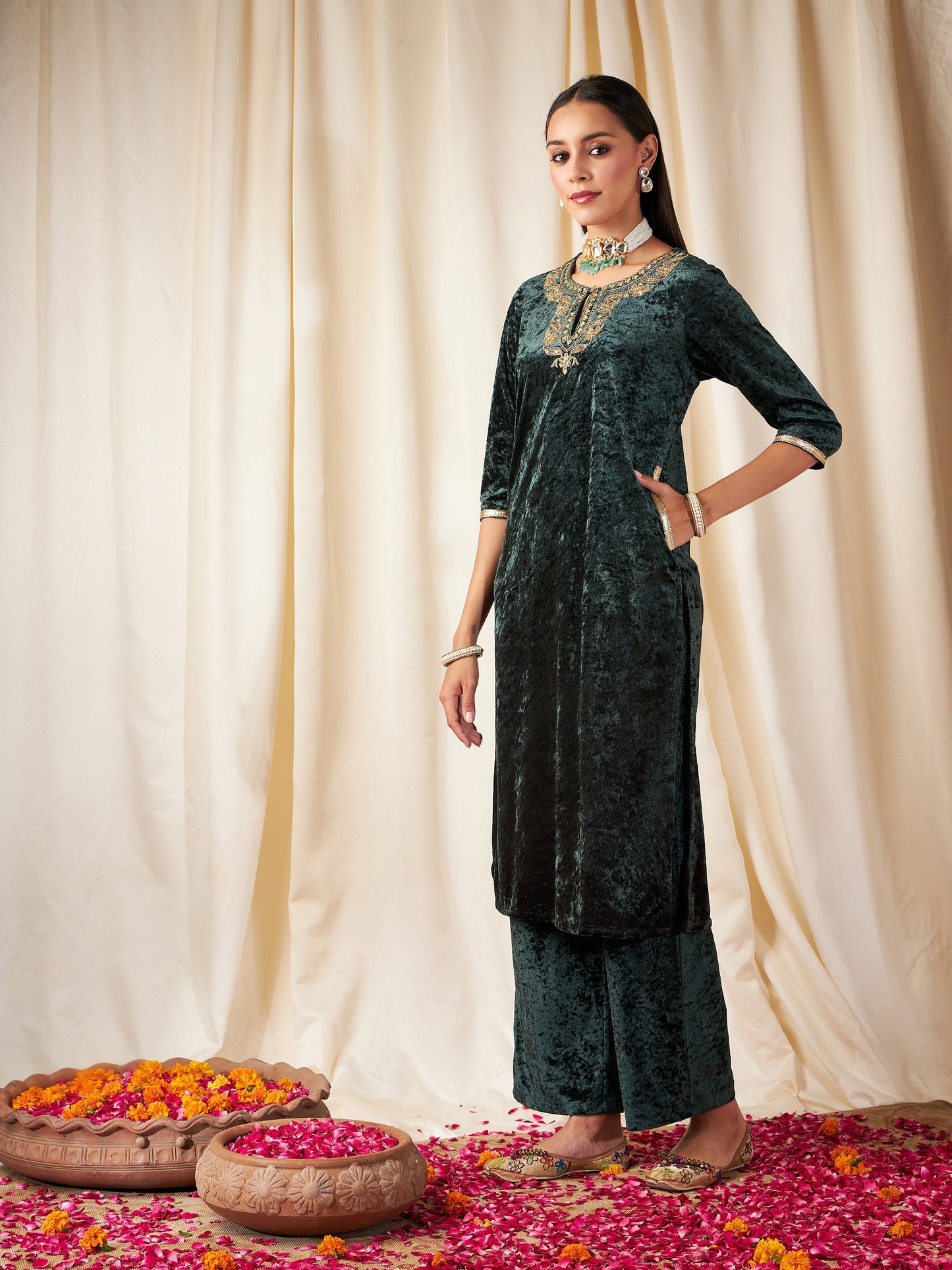 Emerald Green Embroidered Neck Straight Kurta-Shae by SASSAFRAS