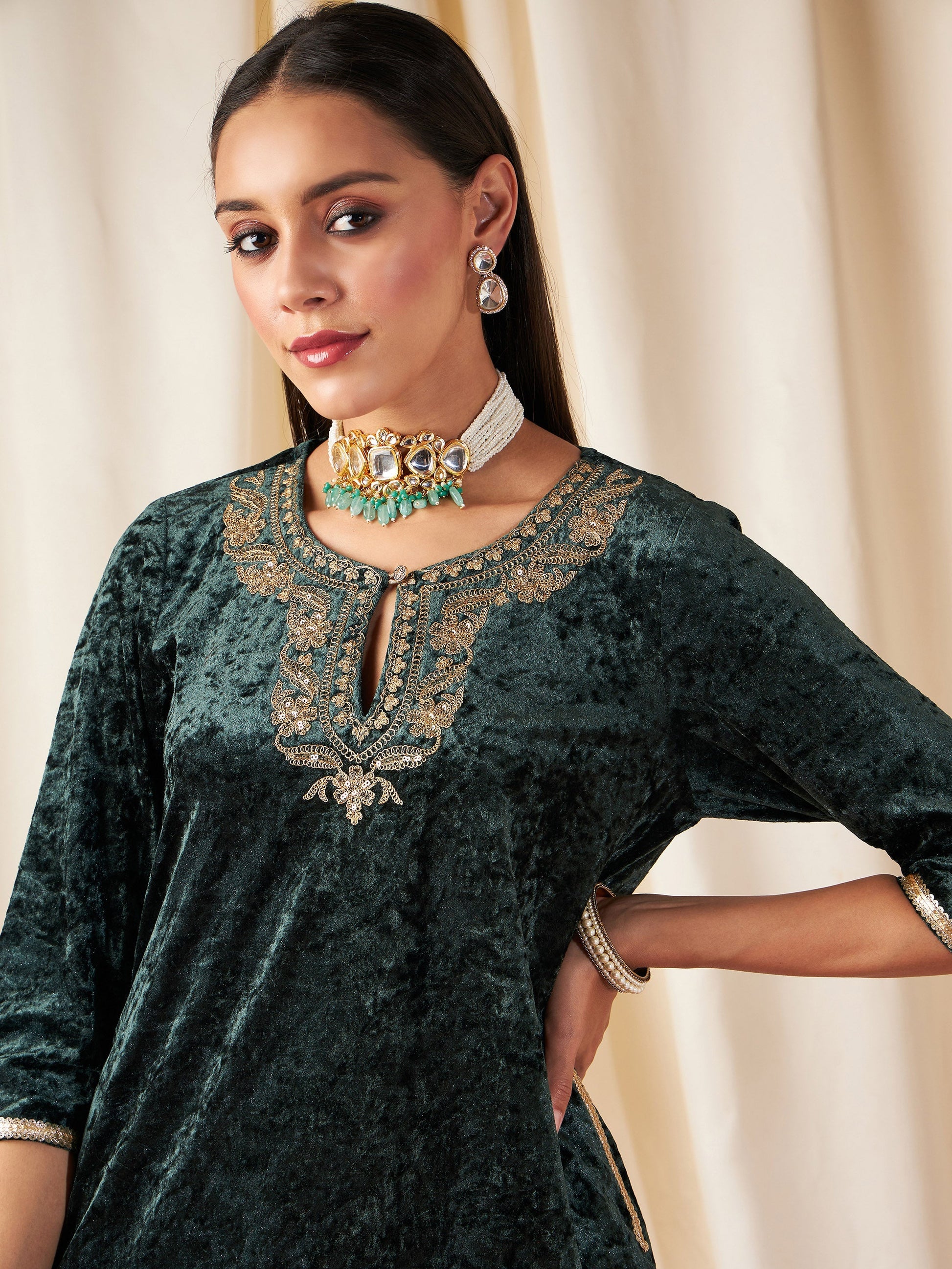 Emerald Green Embroidered Neck Straight Kurta-Shae by SASSAFRAS