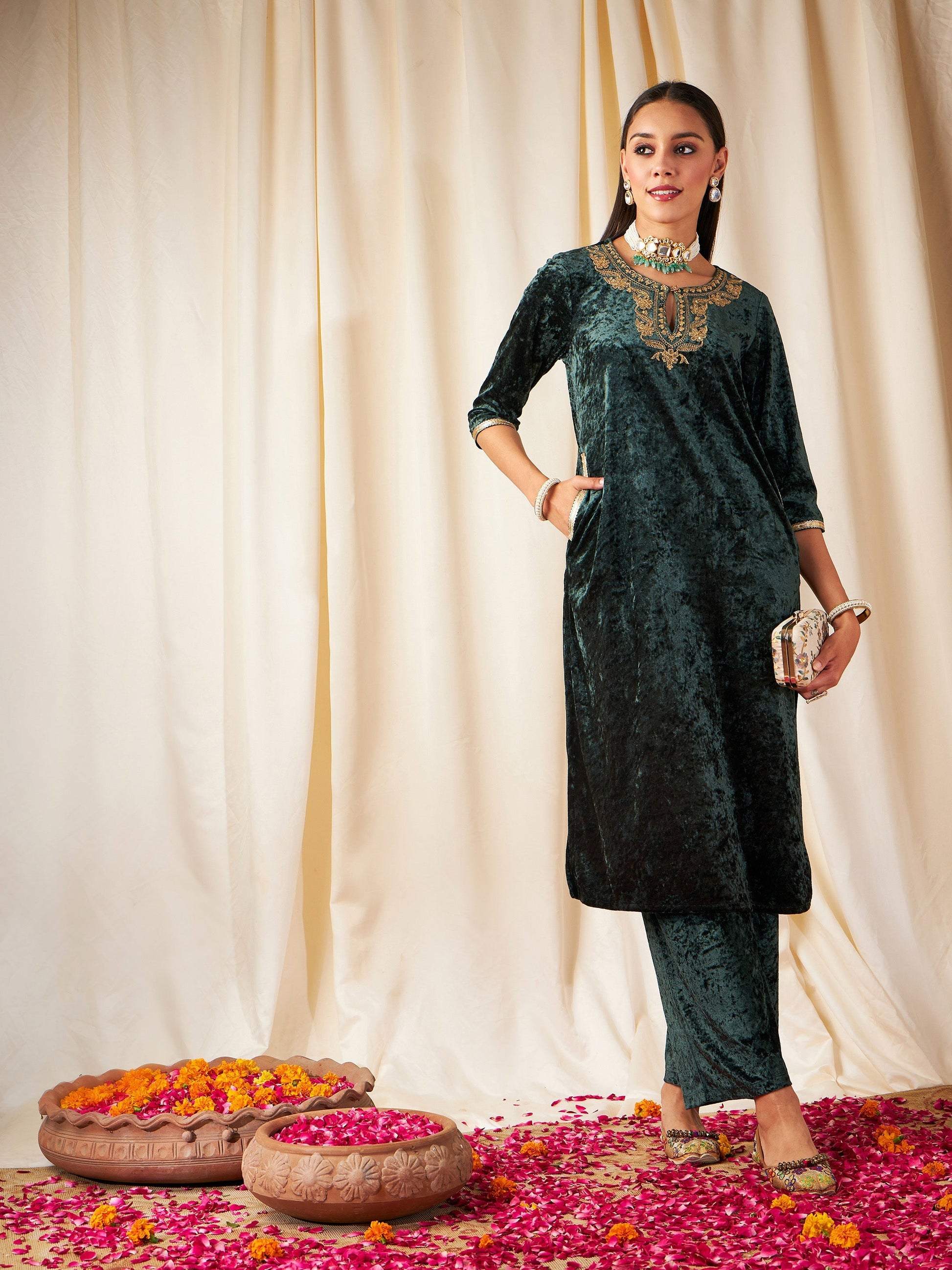 Emerald Green Embroidered Neck Straight Kurta-Shae by SASSAFRAS