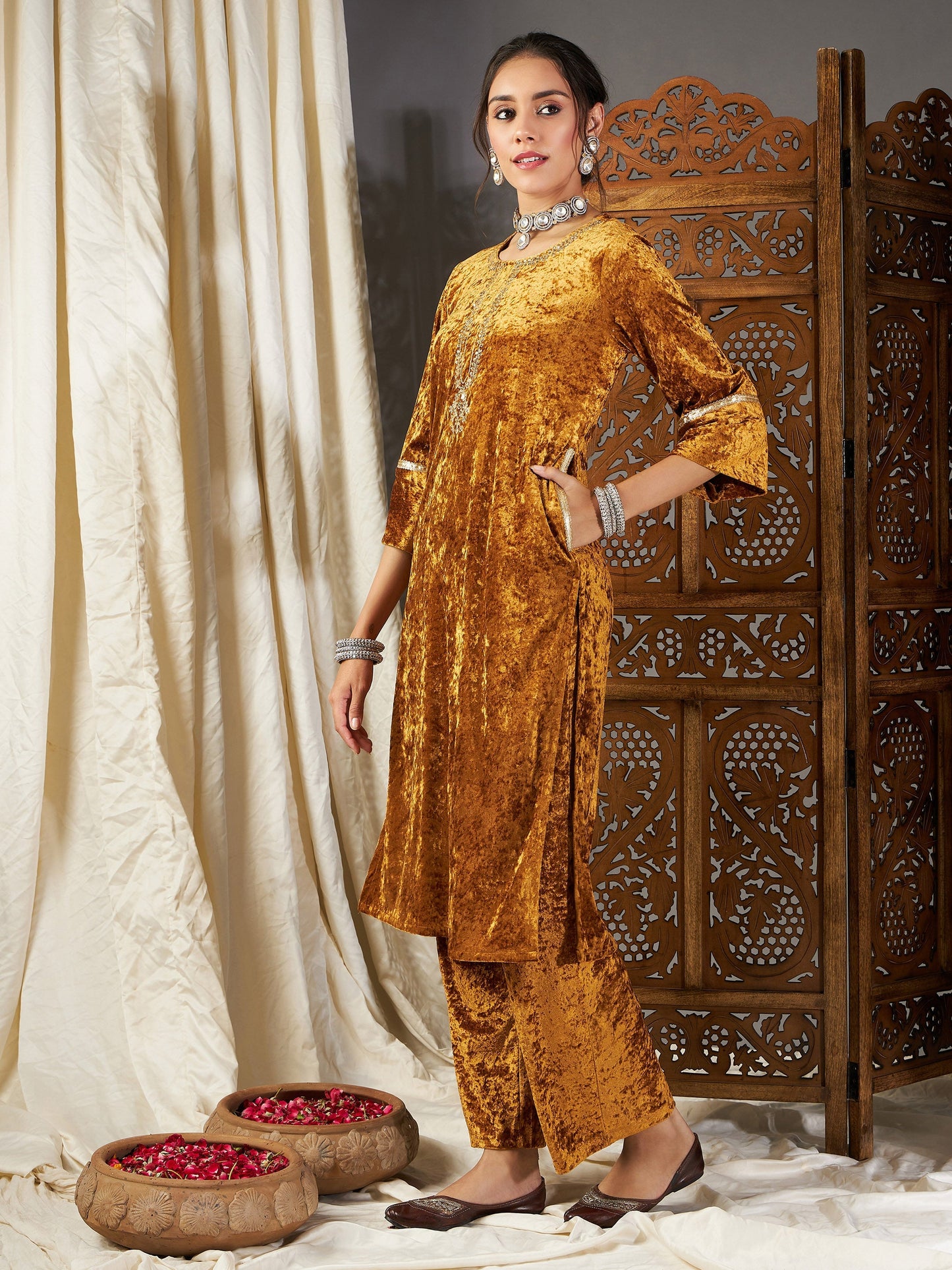 Mustard Velvet Pocket Embroidery Straight Kurta