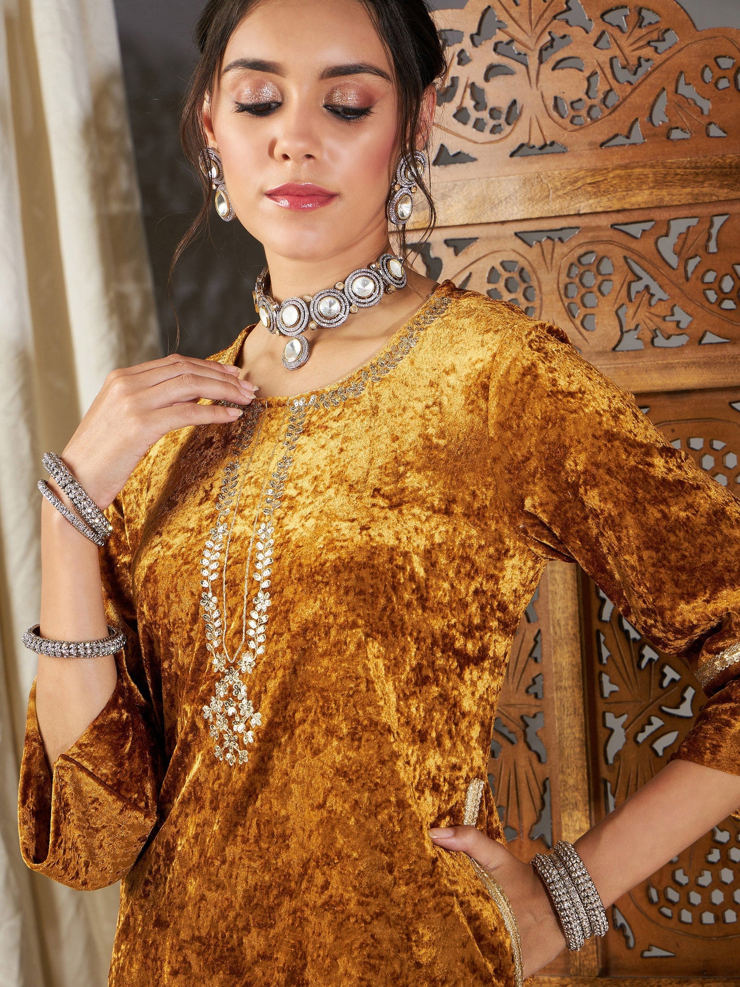 Mustard Velvet Pocket Embroidery Straight Kurta