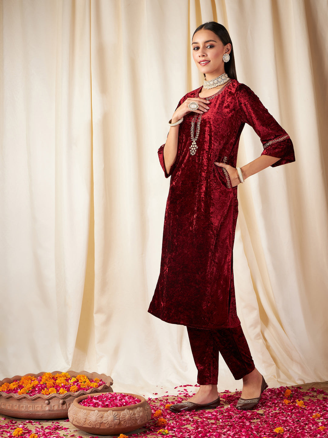 Maroon Velvet Pocket Embroidery Straight Kurta-Shae by SASSAFRAS