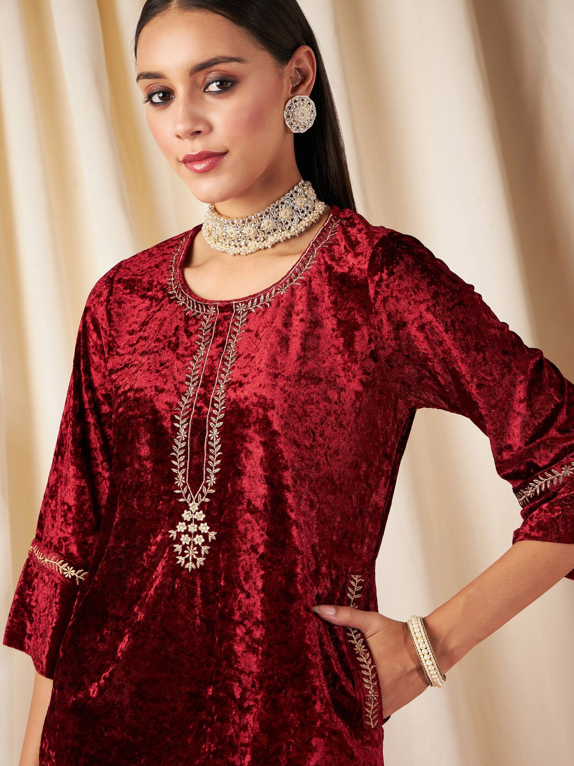 Maroon Velvet Pocket Embroidery Straight Kurta-Shae by SASSAFRAS