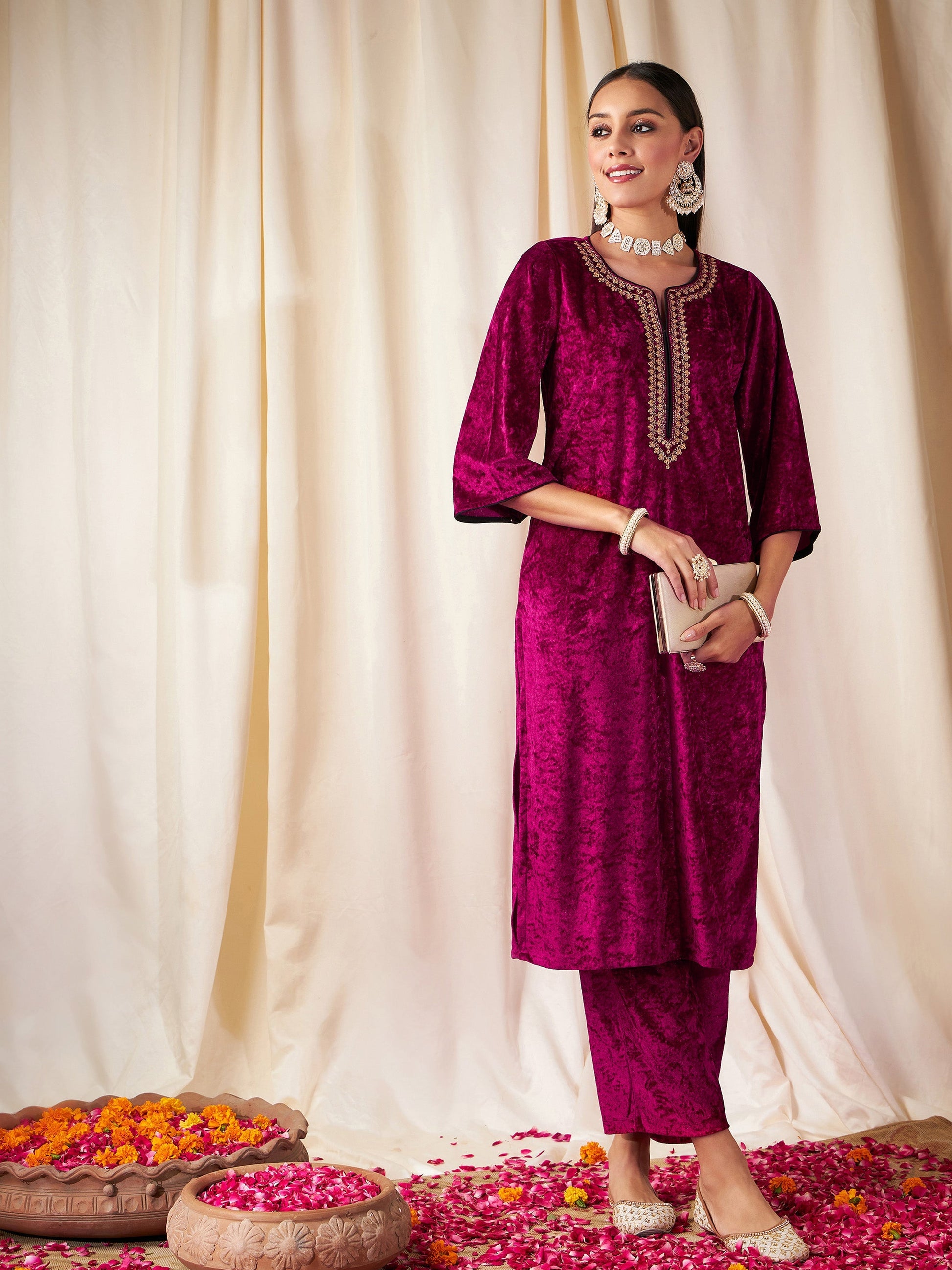 Fuchsia Velvet Straight Kurta-Shae by SASSAFRAS