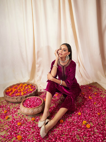 Fuchsia Velvet Straight Kurta-Shae by SASSAFRAS