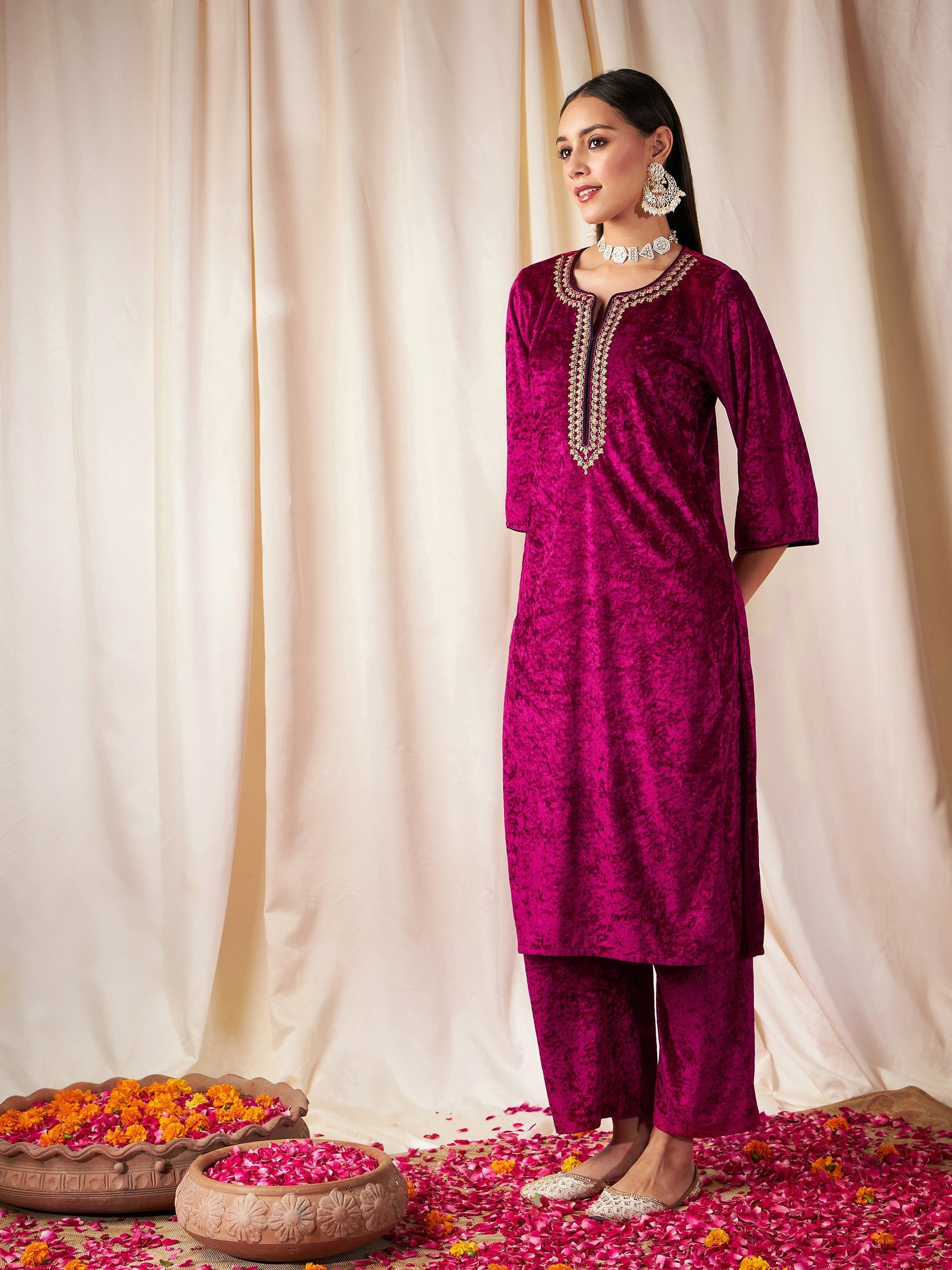 Fuchsia Velvet Straight Kurta-Shae by SASSAFRAS