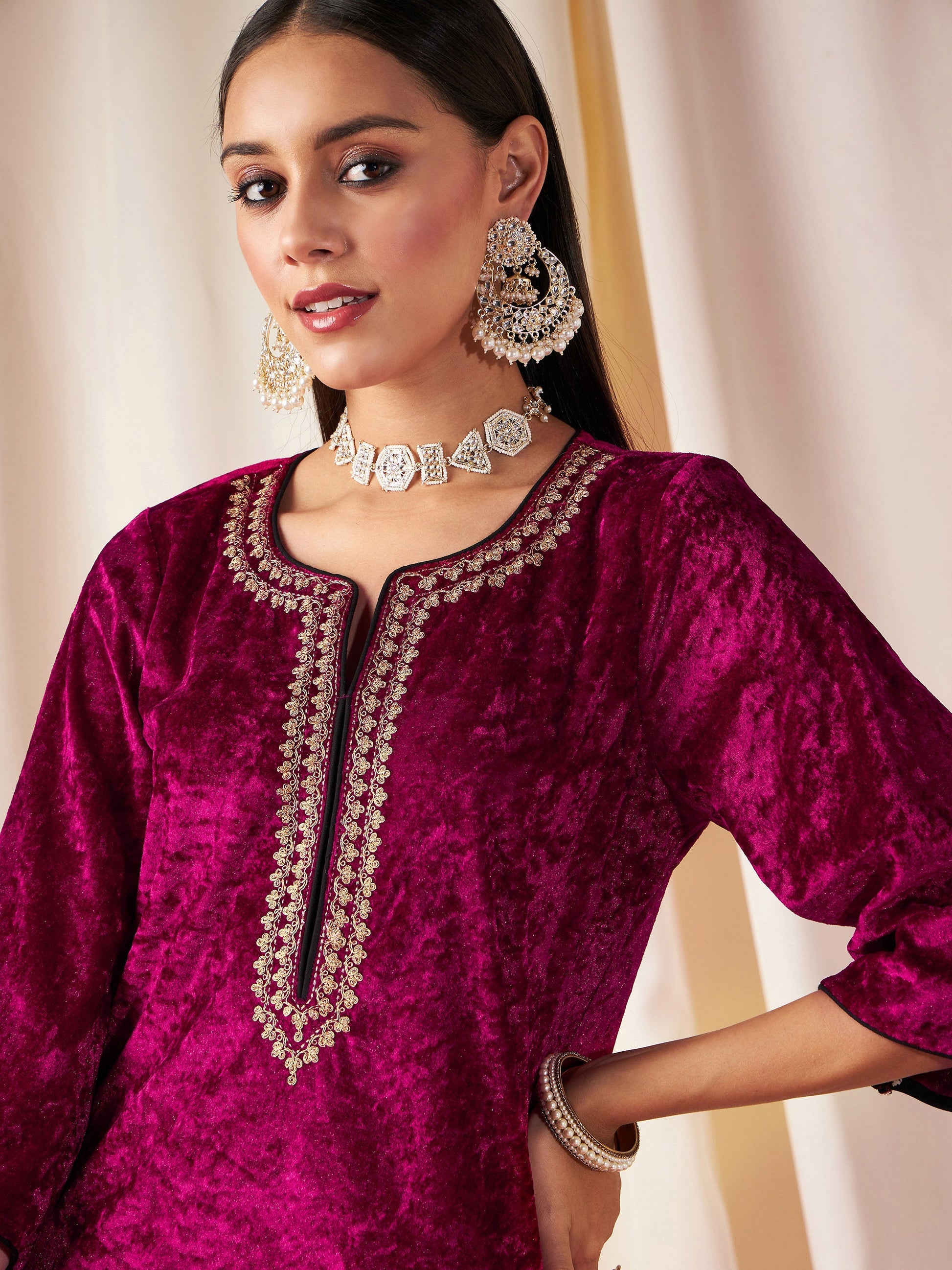 Fuchsia Velvet Straight Kurta-Shae by SASSAFRAS