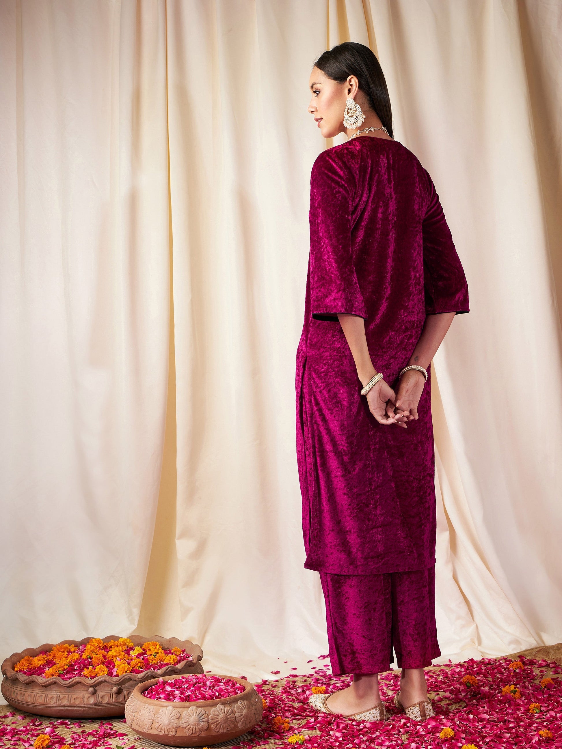 Fuchsia Velvet Straight Kurta-Shae by SASSAFRAS
