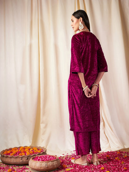 Fuchsia Velvet Straight Kurta-Shae by SASSAFRAS