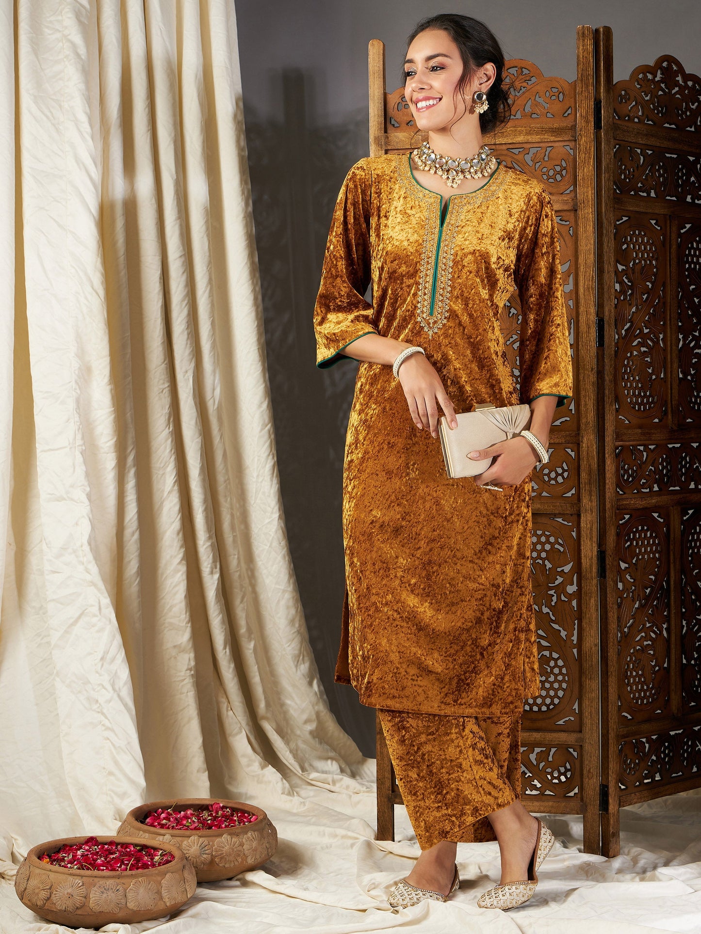 Mustard Velvet Straight Kurta