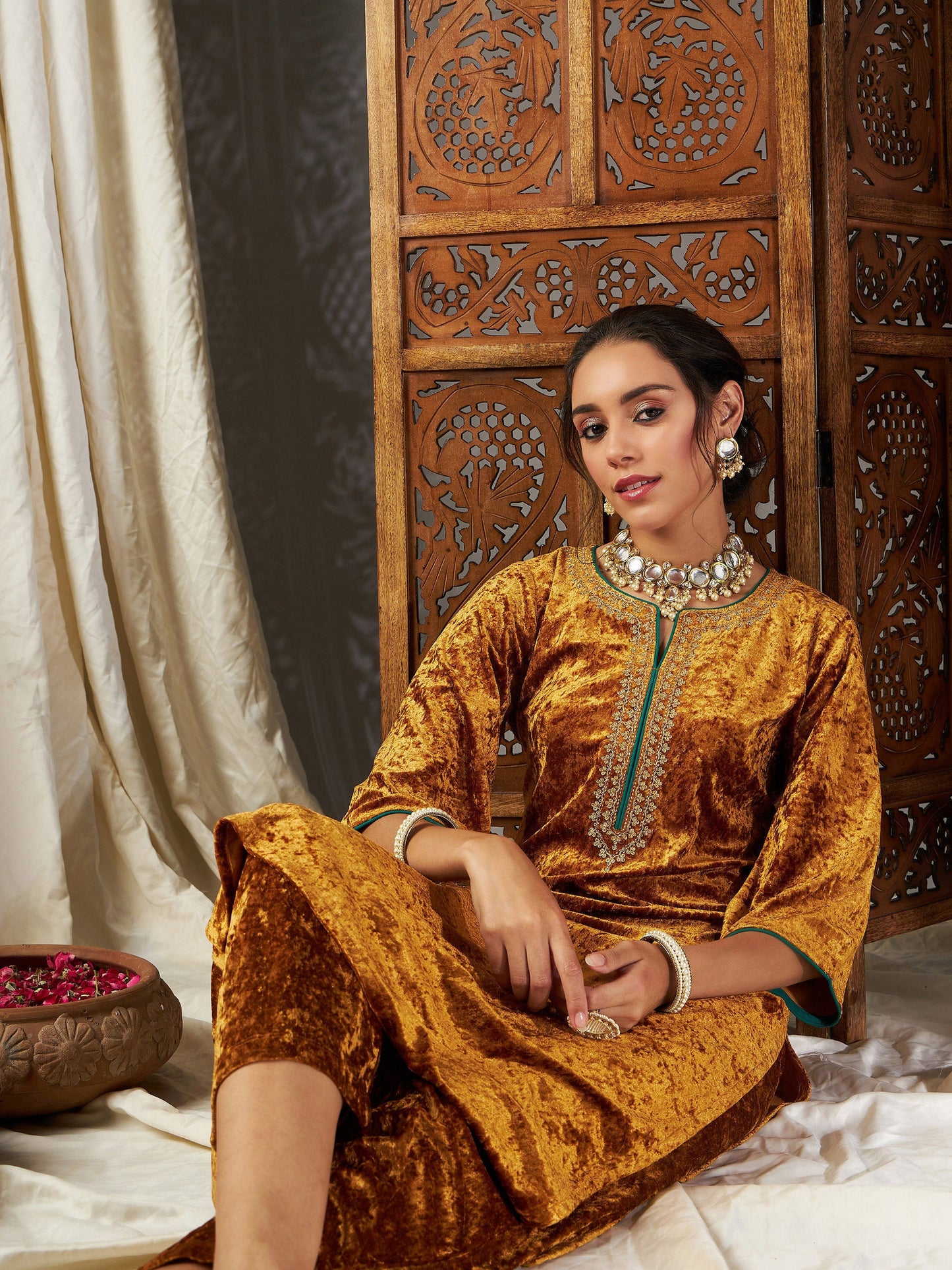 Mustard Velvet Straight Kurta