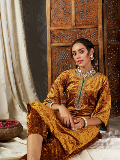 Mustard Velvet Straight Kurta