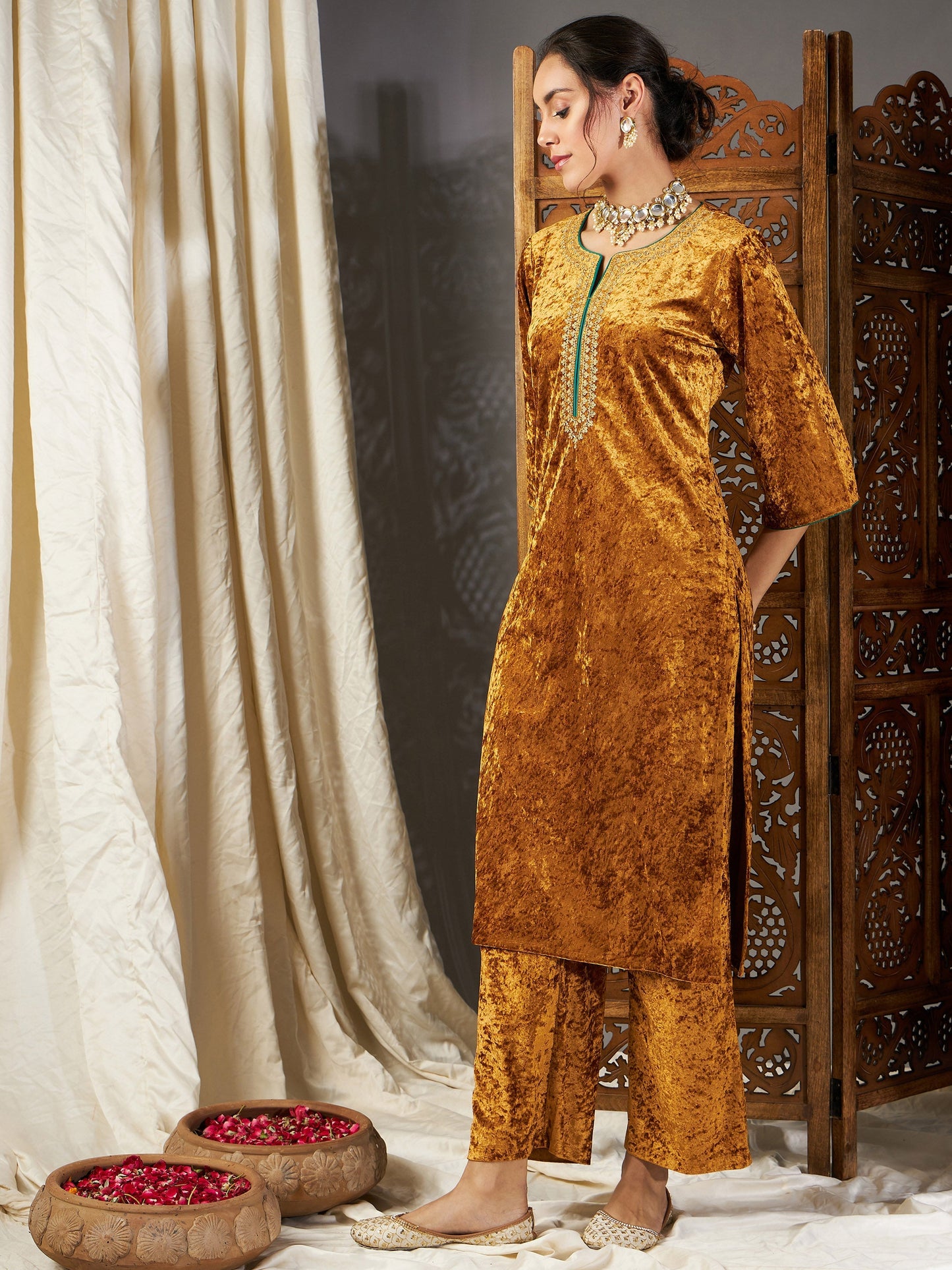 Mustard Velvet Straight Kurta