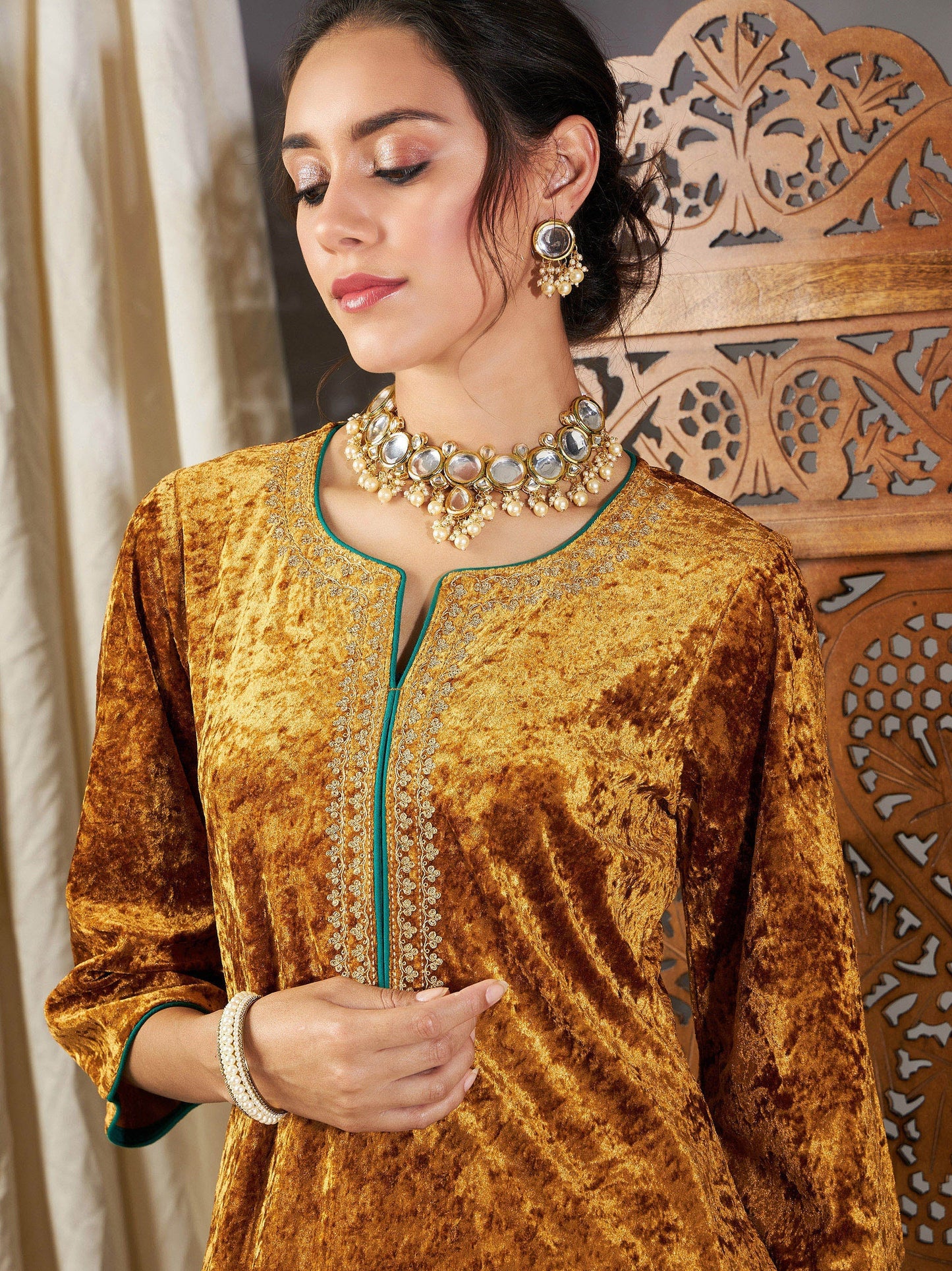 Mustard Velvet Straight Kurta