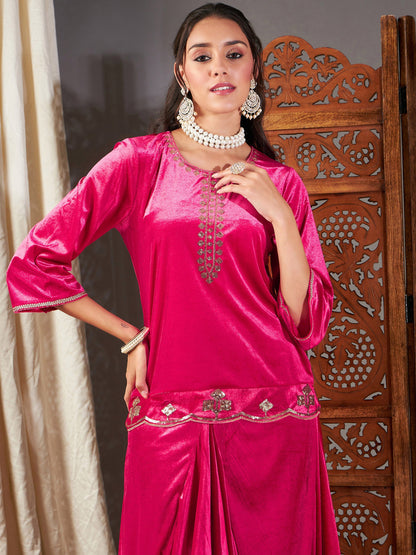 Fuchsia Velvet Embroidered Short Kurta